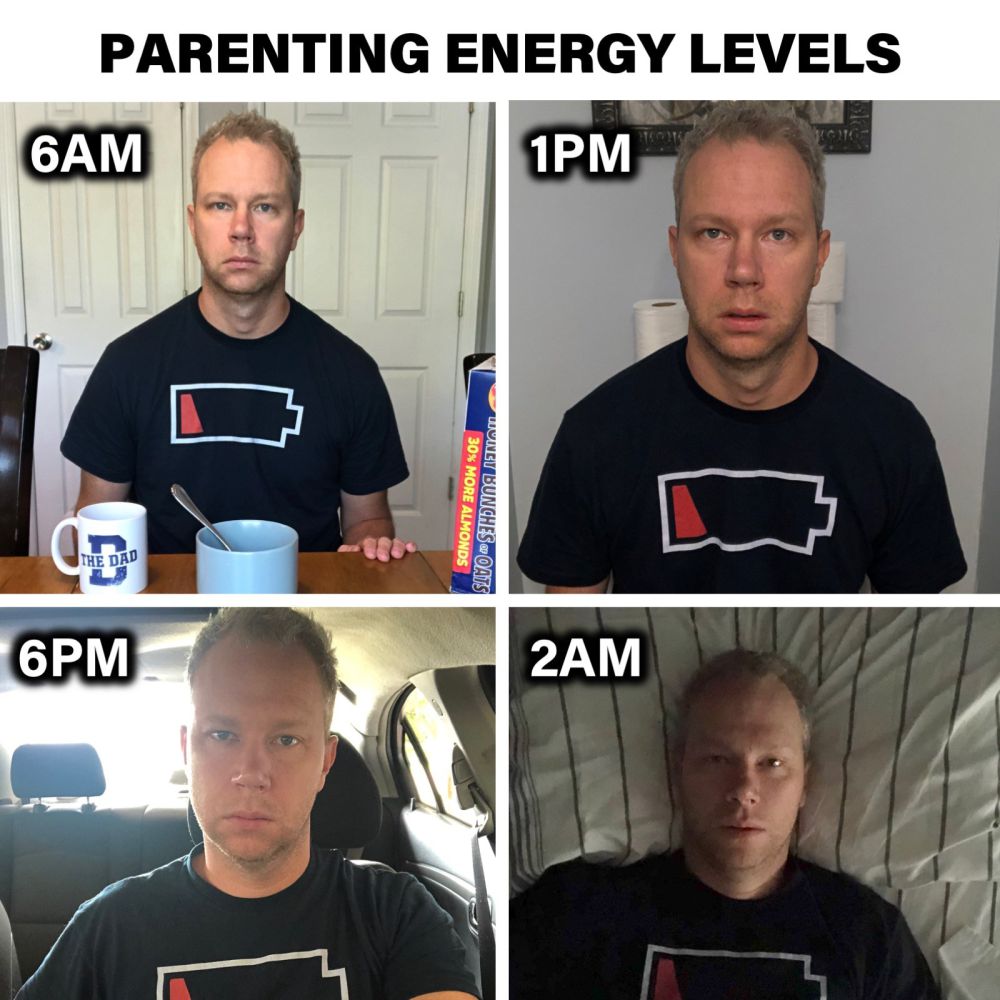 Parenting energy levels: 6am tired, 1pm tired, 6pm tired, 2am tired