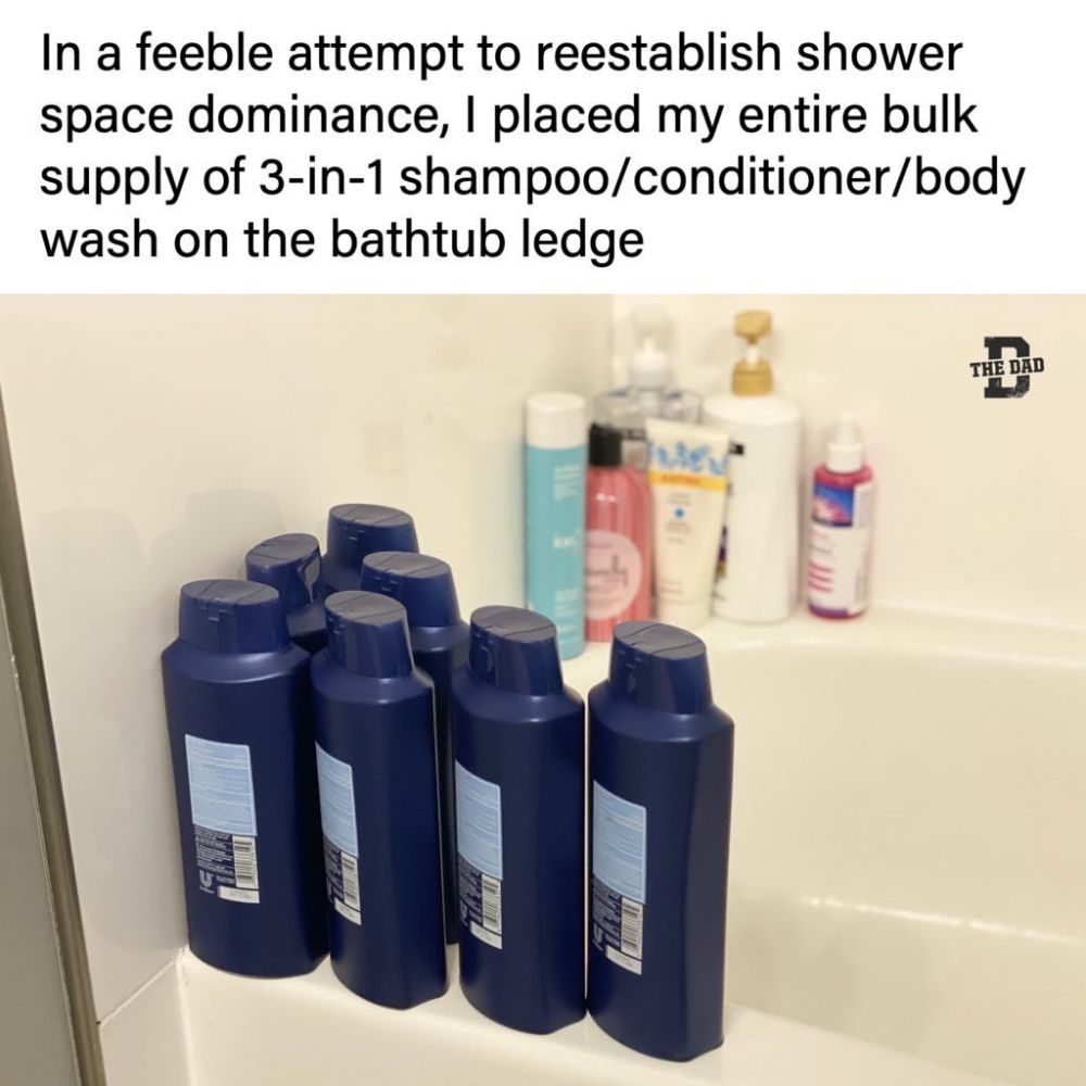 In a feeble attempt to reestablish shower space dominance, I placed my entire bulk supply of 3-in-1 shampoo/conditioner/body wash on the bathtub ledge