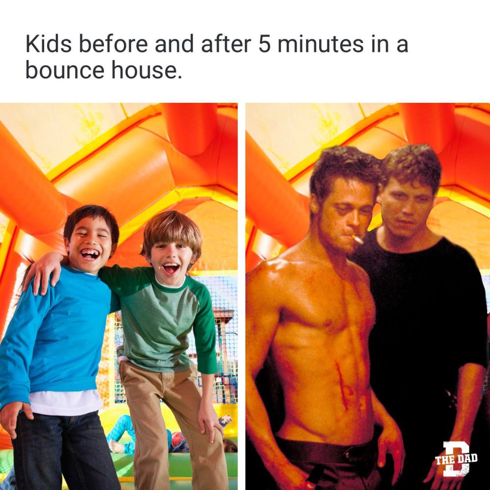 Kids before and after 5 minutes in a bounce house.