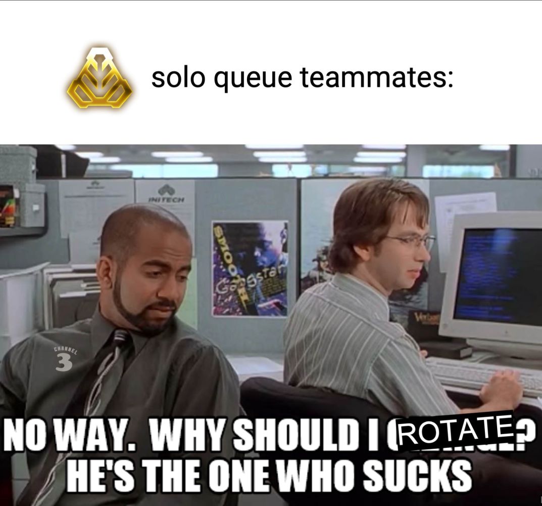 Rocket League meme: solo queue teammates: no way why should I rotate? He's the one who sucks.